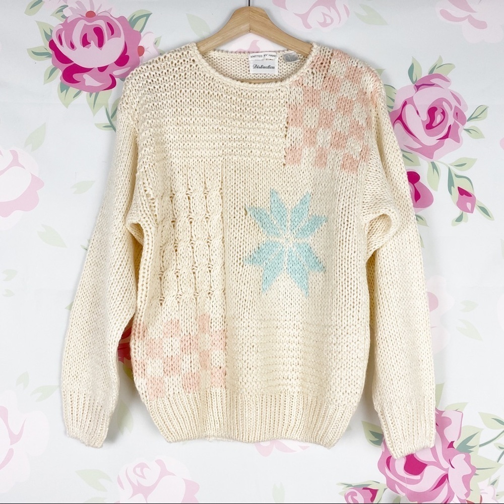 Vintage Ivory Print Chunky Knit Sweater L
